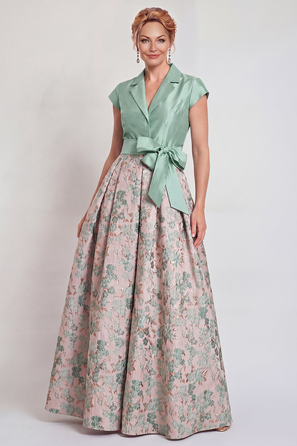 Navy Long Jacquard A Line Floral Mother of the Bride Dress with Bow