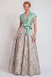 Navy Long Jacquard A Line Floral Mother of the Bride Dress with Bow