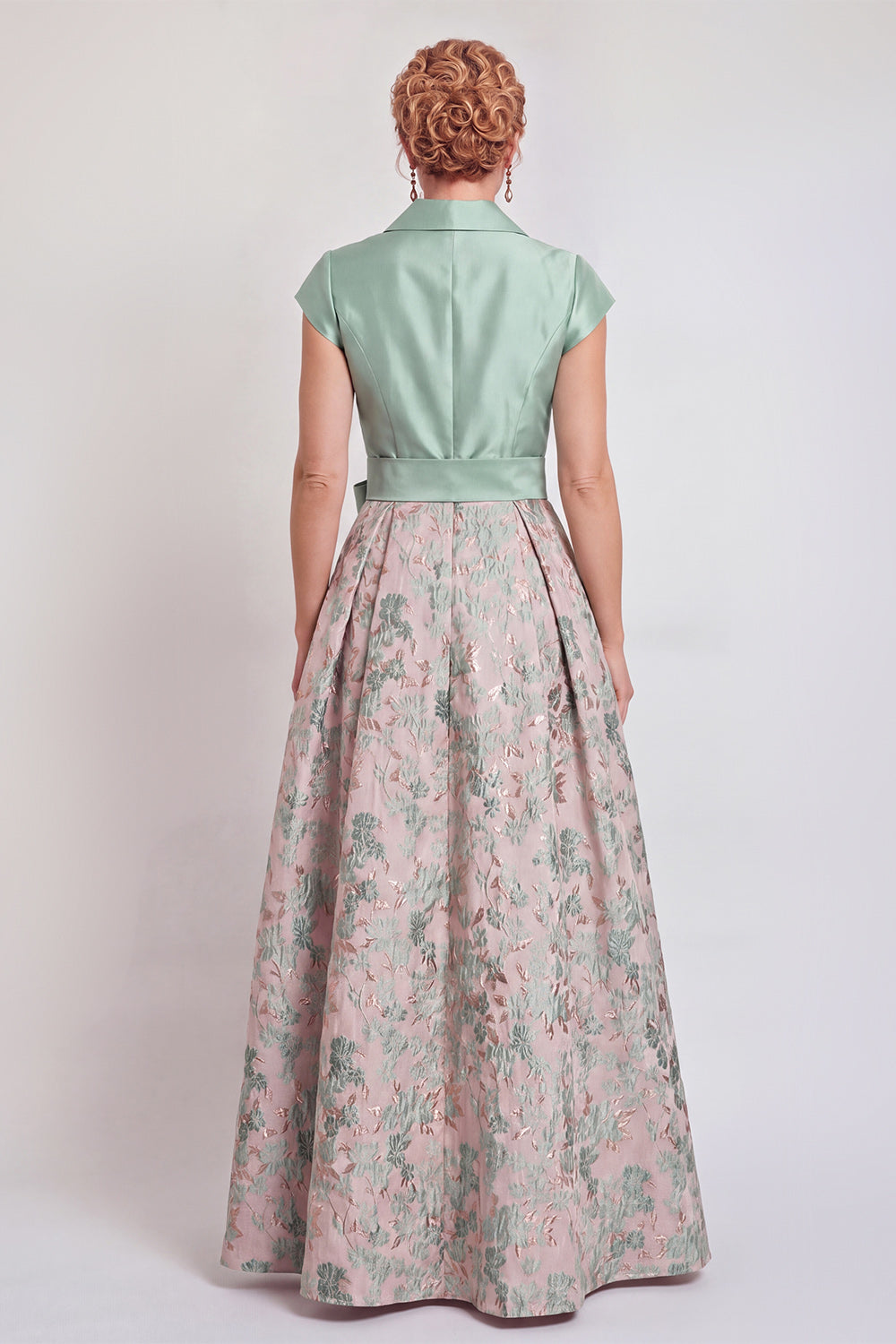 Navy Long Jacquard A Line Floral Mother of the Bride Dress with Bow
