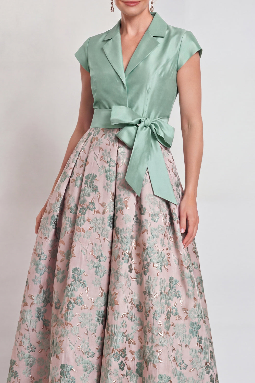 Navy Long Jacquard A Line Floral Mother of the Bride Dress with Bow