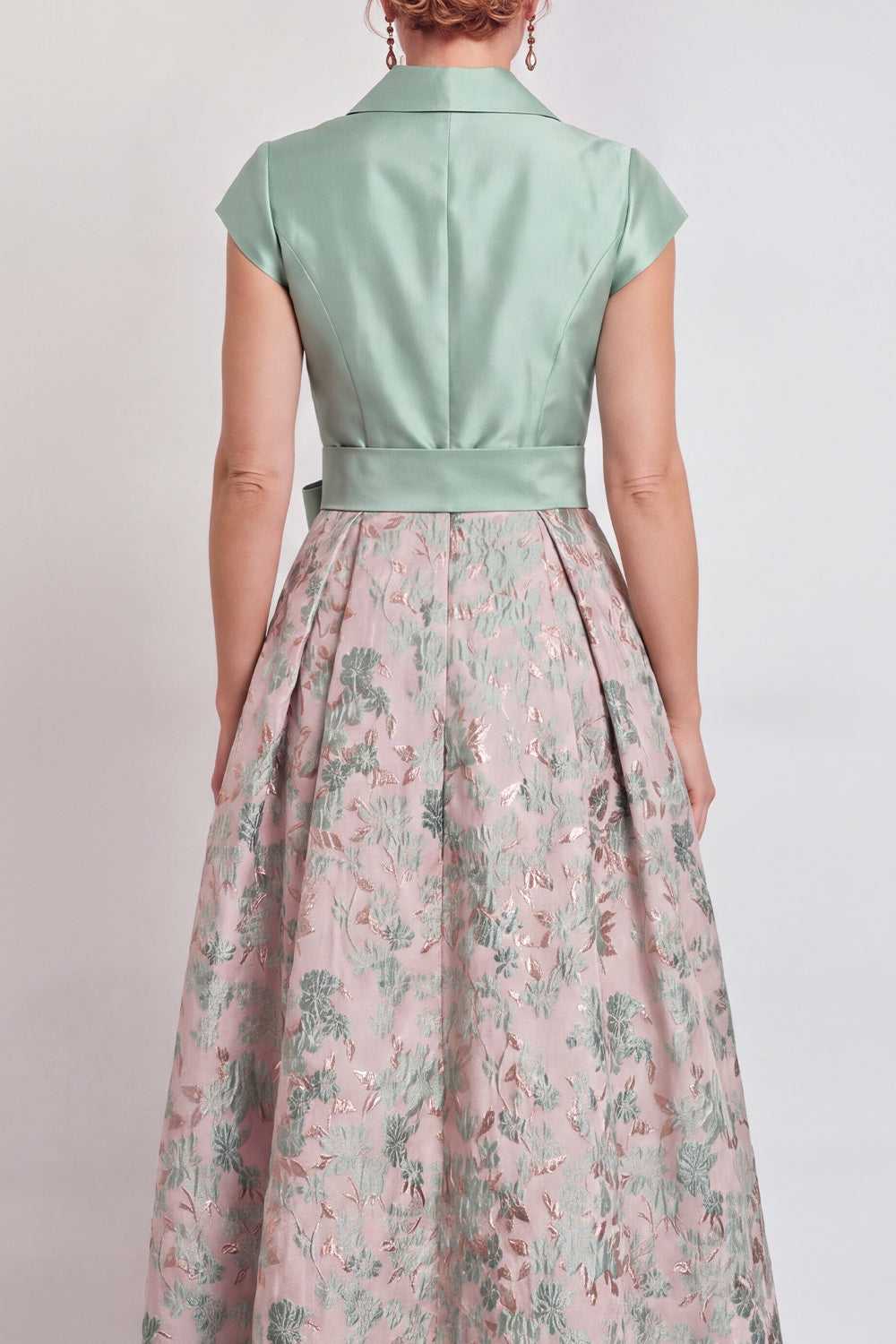 Navy Long Jacquard A Line Floral Mother of the Bride Dress with Bow