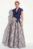 Navy Long Jacquard A Line Floral Mother of the Bride Dress with Bow