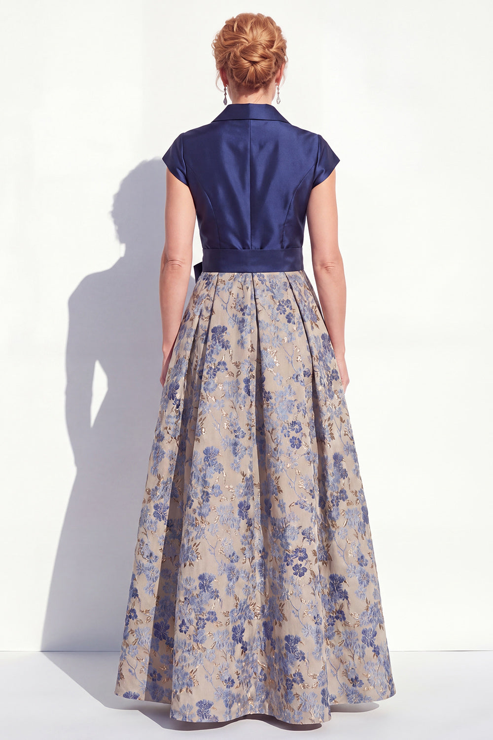 Navy Long Jacquard A Line Floral Mother of the Bride Dress with Bow