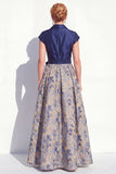 Navy Long Jacquard A Line Floral Mother of the Bride Dress with Bow