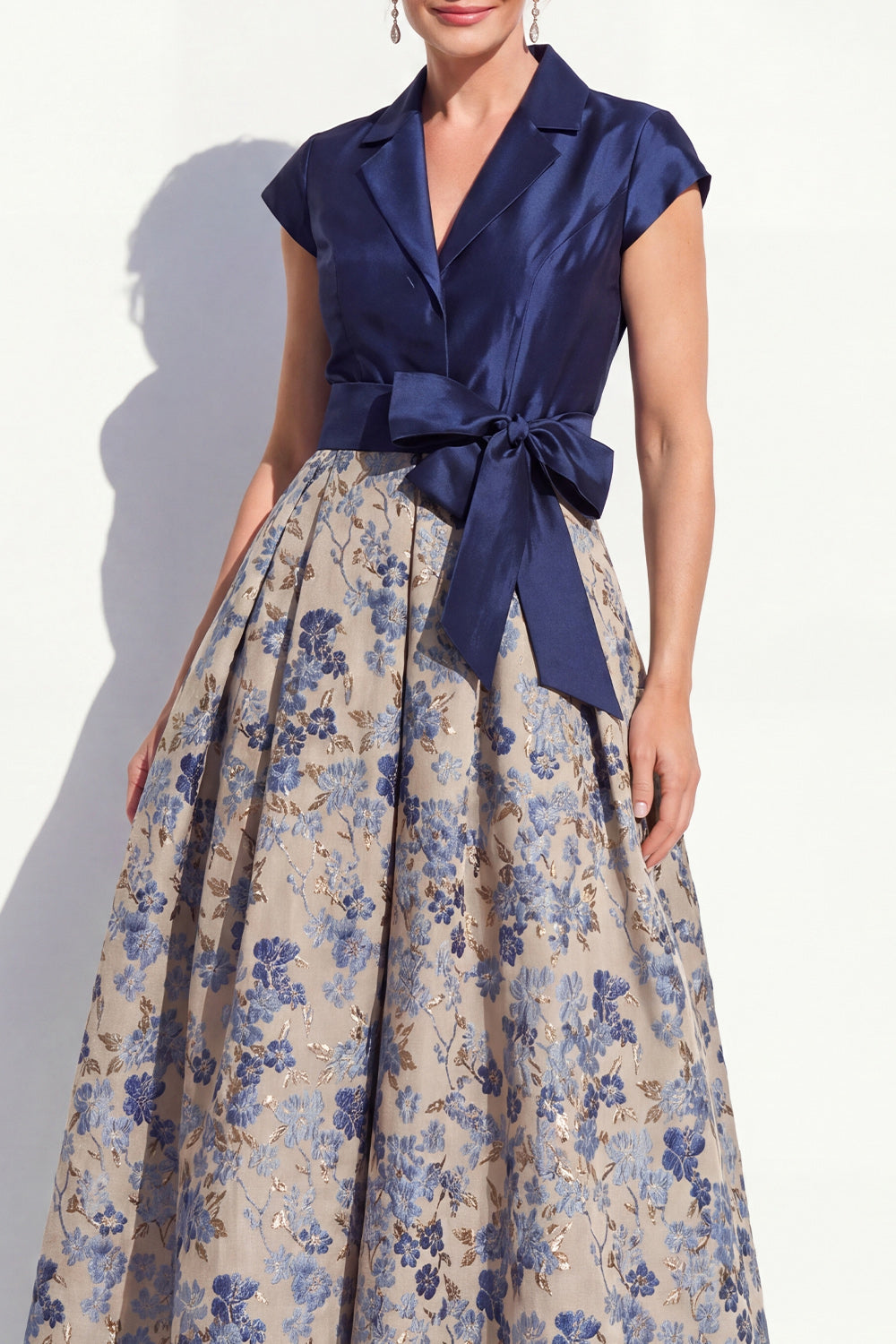 Navy Long Jacquard A Line Floral Mother of the Bride Dress with Bow
