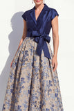 Navy Long Jacquard A Line Floral Mother of the Bride Dress with Bow