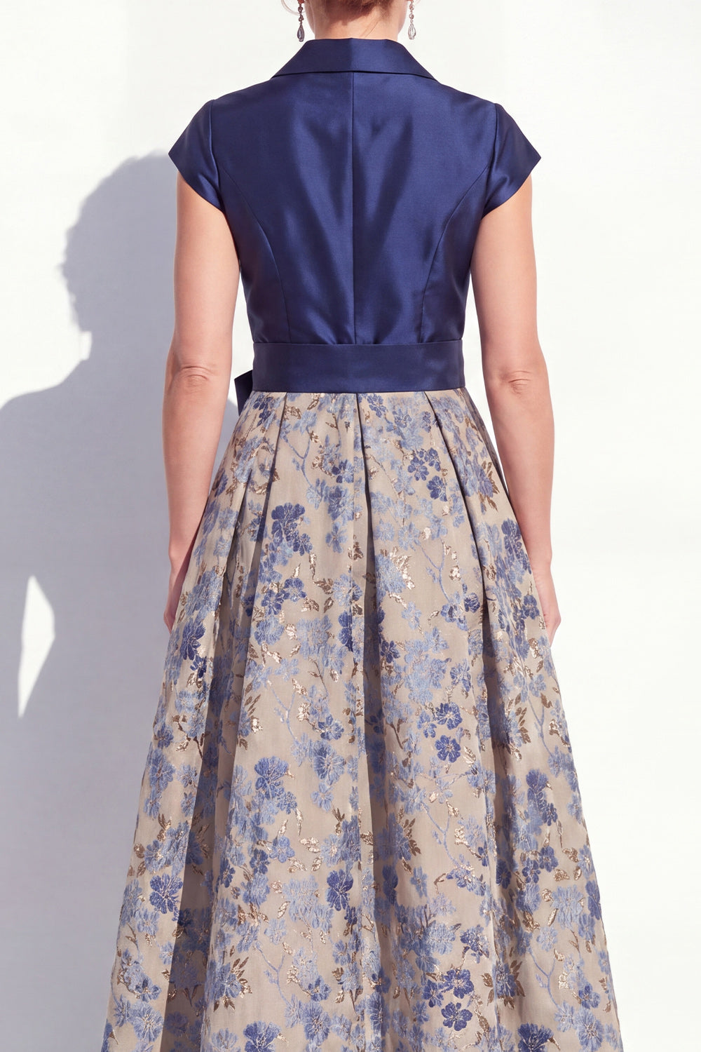 Navy Long Jacquard A Line Floral Mother of the Bride Dress with Bow