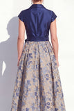 Navy Long Jacquard A Line Floral Mother of the Bride Dress with Bow