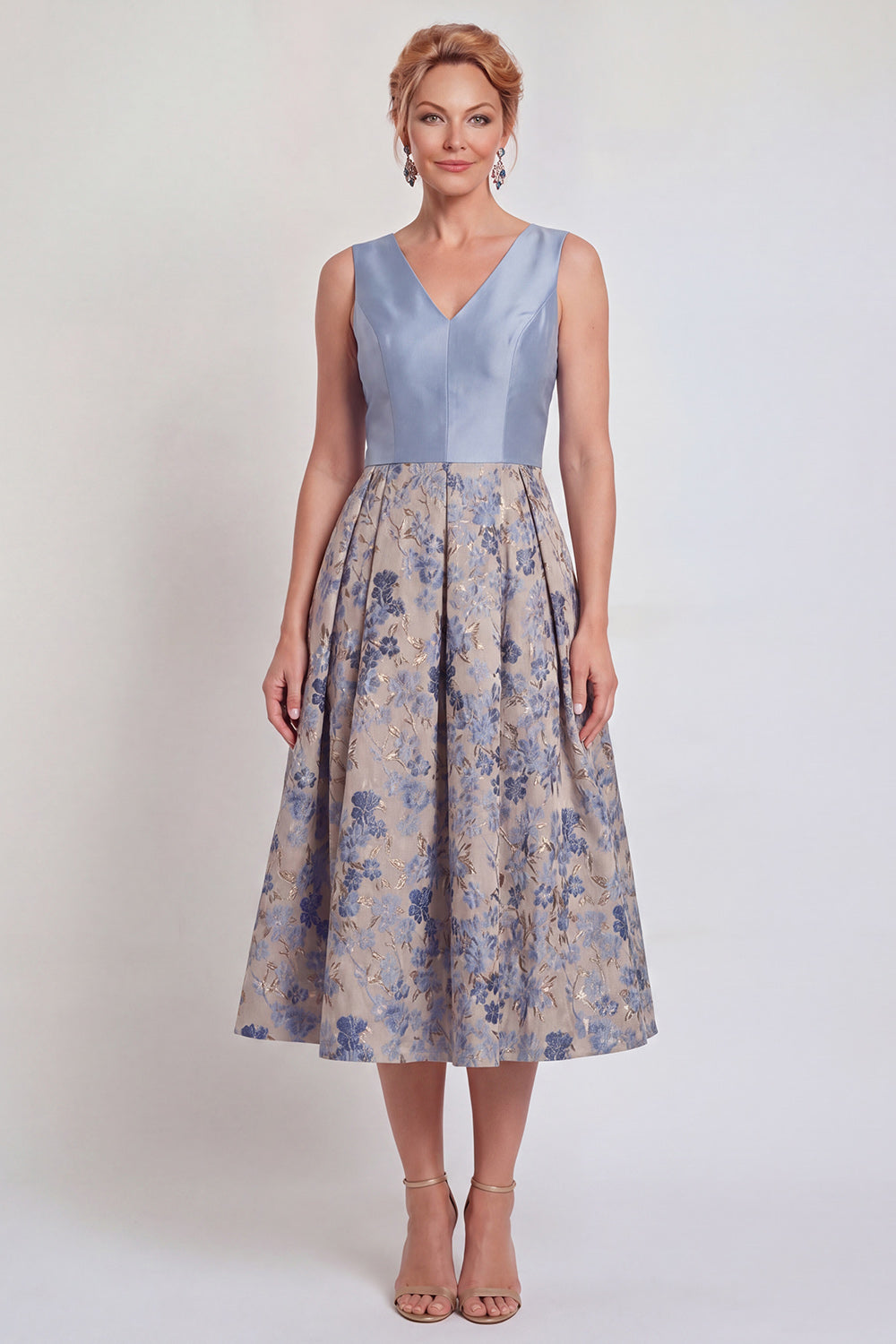 V-Neck Navy Maxi Jacquard A Line Floral Mother of the Bride Dress