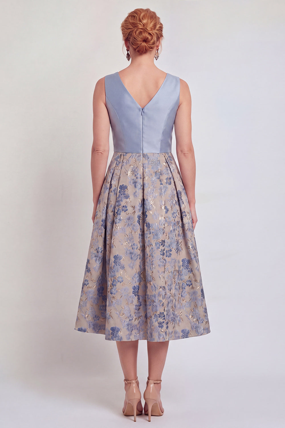V-Neck Navy Maxi Jacquard A Line Floral Mother of the Bride Dress