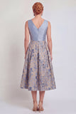 V-Neck Navy Maxi Jacquard A Line Floral Mother of the Bride Dress