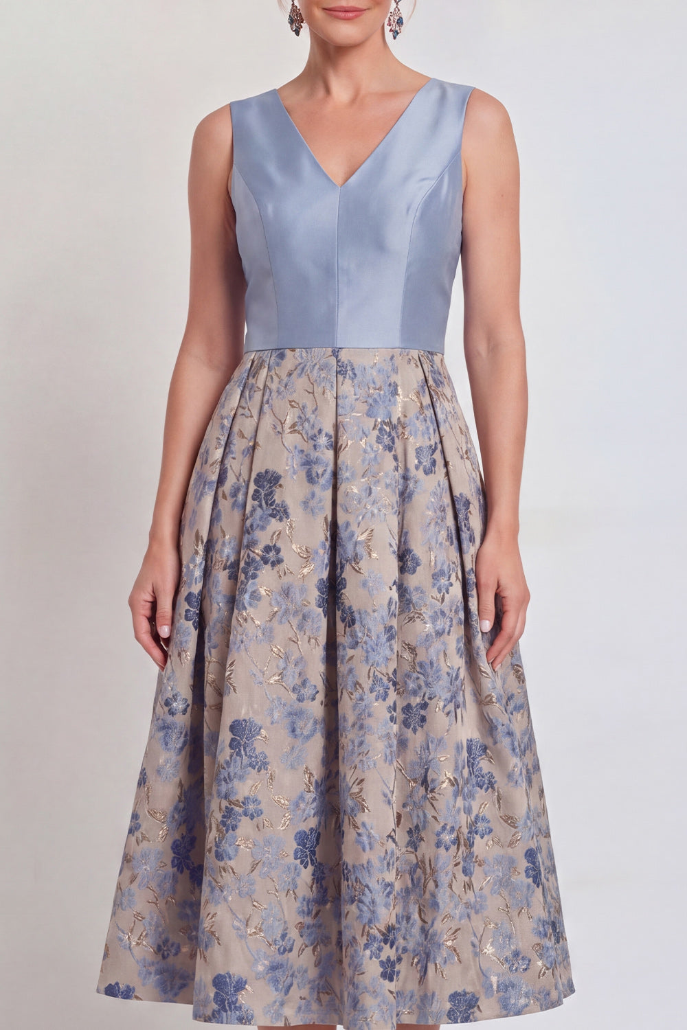 V-Neck Navy Maxi Jacquard A Line Floral Mother of the Bride Dress