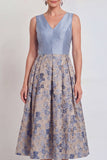 V-Neck Navy Maxi Jacquard A Line Floral Mother of the Bride Dress