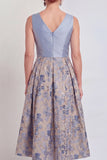 V-Neck Navy Maxi Jacquard A Line Floral Mother of the Bride Dress