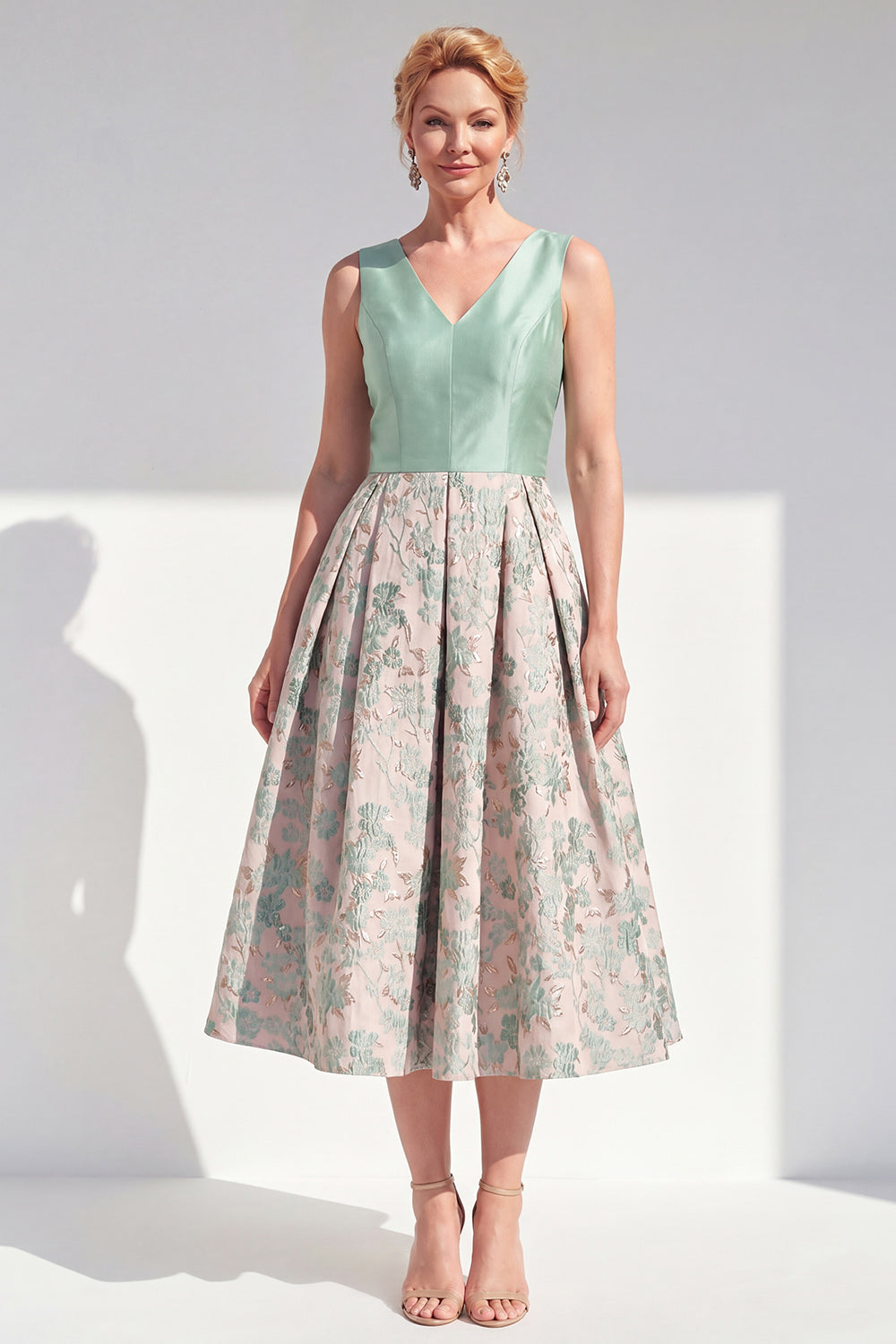 V-Neck Navy Maxi Jacquard A Line Floral Mother of the Bride Dress