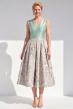V-Neck Navy Maxi Jacquard A Line Floral Mother of the Bride Dress