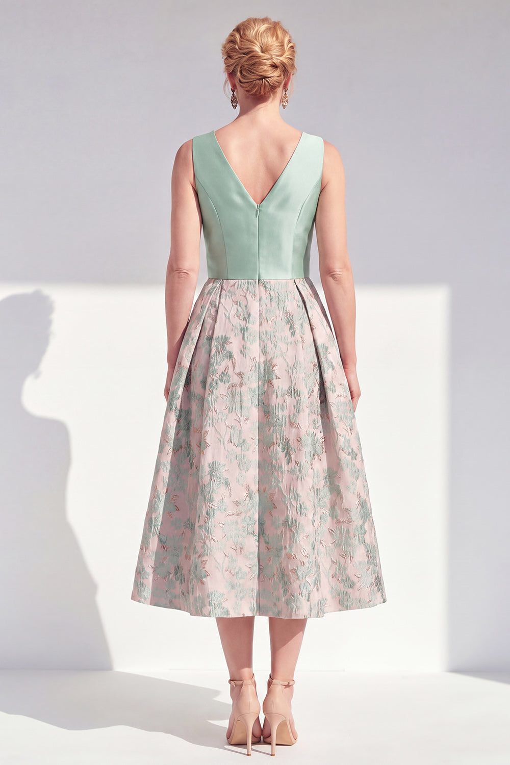 V-Neck Navy Maxi Jacquard A Line Floral Mother of the Bride Dress