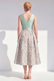 V-Neck Navy Maxi Jacquard A Line Floral Mother of the Bride Dress