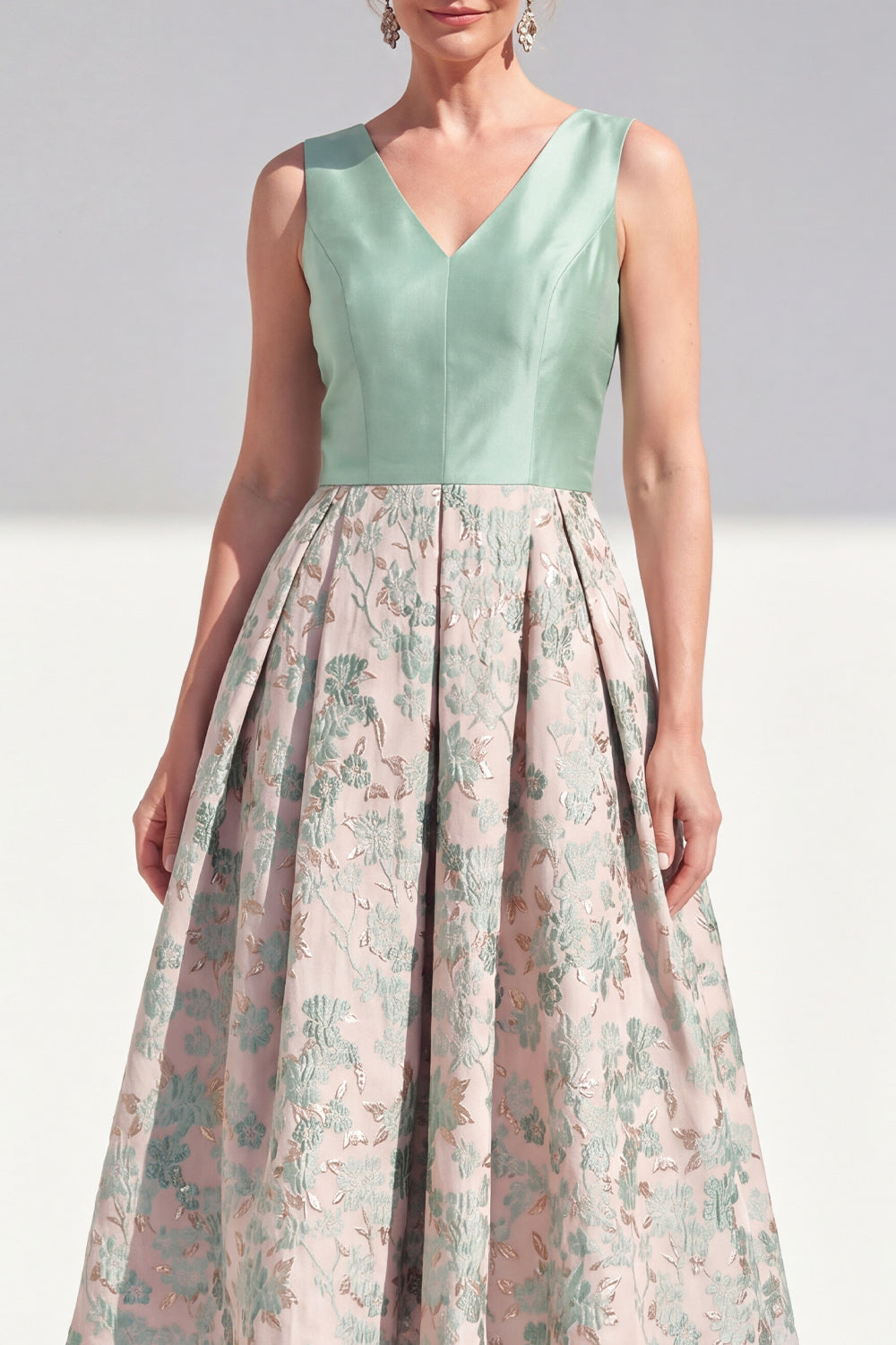 V-Neck Navy Maxi Jacquard A Line Floral Mother of the Bride Dress