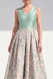 V-Neck Navy Maxi Jacquard A Line Floral Mother of the Bride Dress