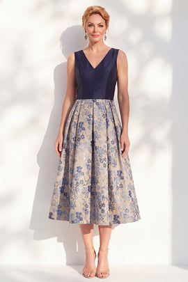 V-Neck Navy Maxi Jacquard A Line Floral Mother of the Bride Dress