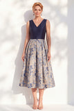 V-Neck Navy Maxi Jacquard A Line Floral Mother of the Bride Dress