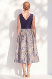 V-Neck Navy Maxi Jacquard A Line Floral Mother of the Bride Dress