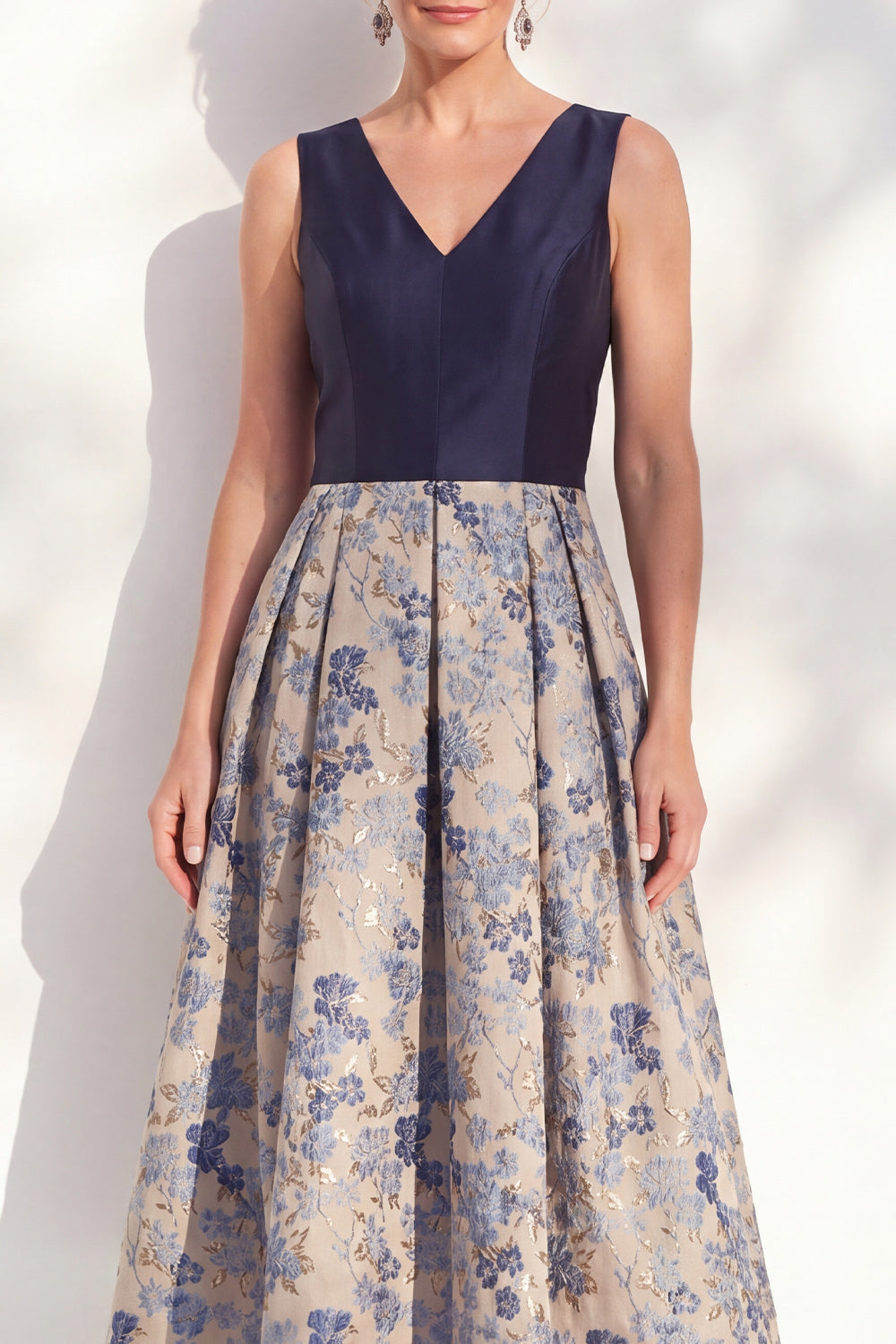 V-Neck Navy Maxi Jacquard A Line Floral Mother of the Bride Dress