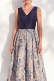 V-Neck Navy Maxi Jacquard A Line Floral Mother of the Bride Dress