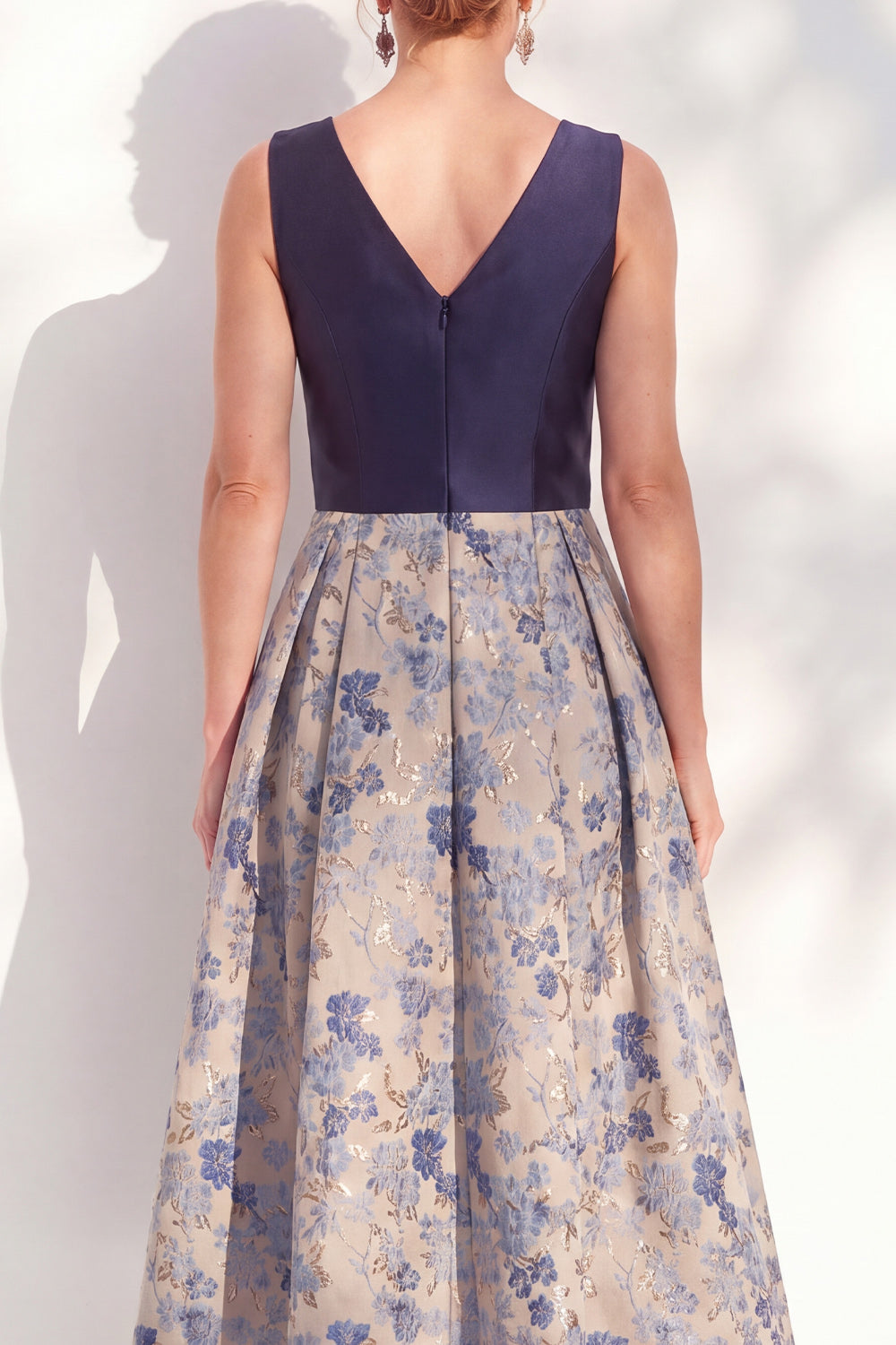 V-Neck Navy Maxi Jacquard A Line Floral Mother of the Bride Dress