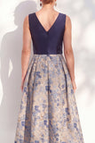 V-Neck Navy Maxi Jacquard A Line Floral Mother of the Bride Dress