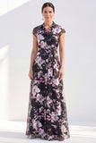 White Long Cap Sleeves A Line Floral Mother of the Bride Dress