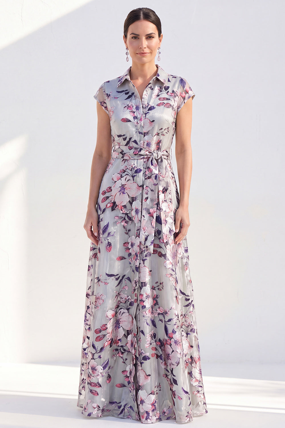 White Long Cap Sleeves A Line Floral Mother of the Bride Dress