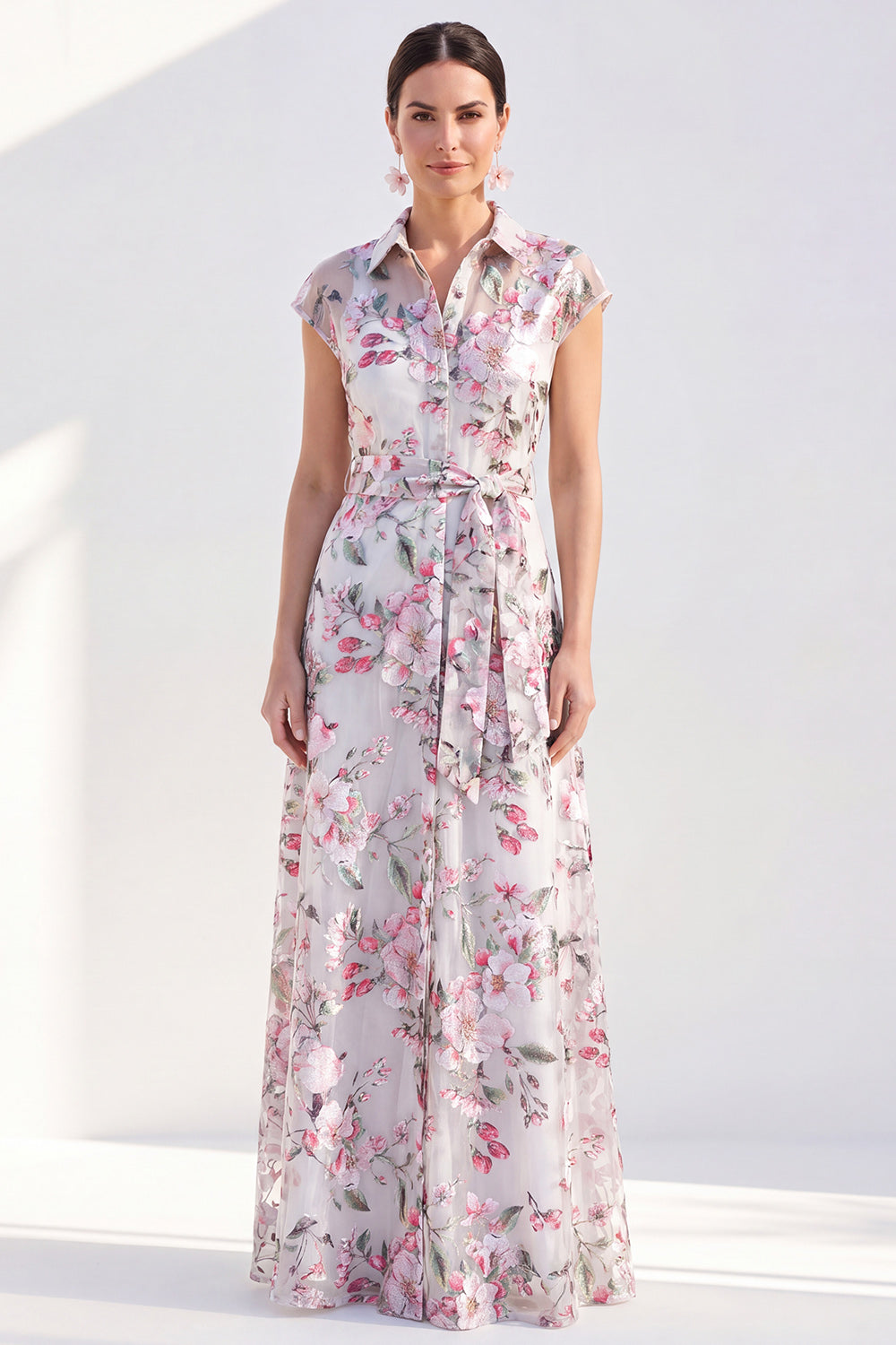 White Long Cap Sleeves A Line Floral Mother of the Bride Dress