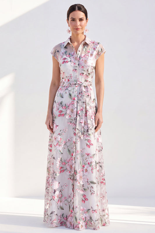White Long Cap Sleeves A Line Floral Mother of the Bride Dress