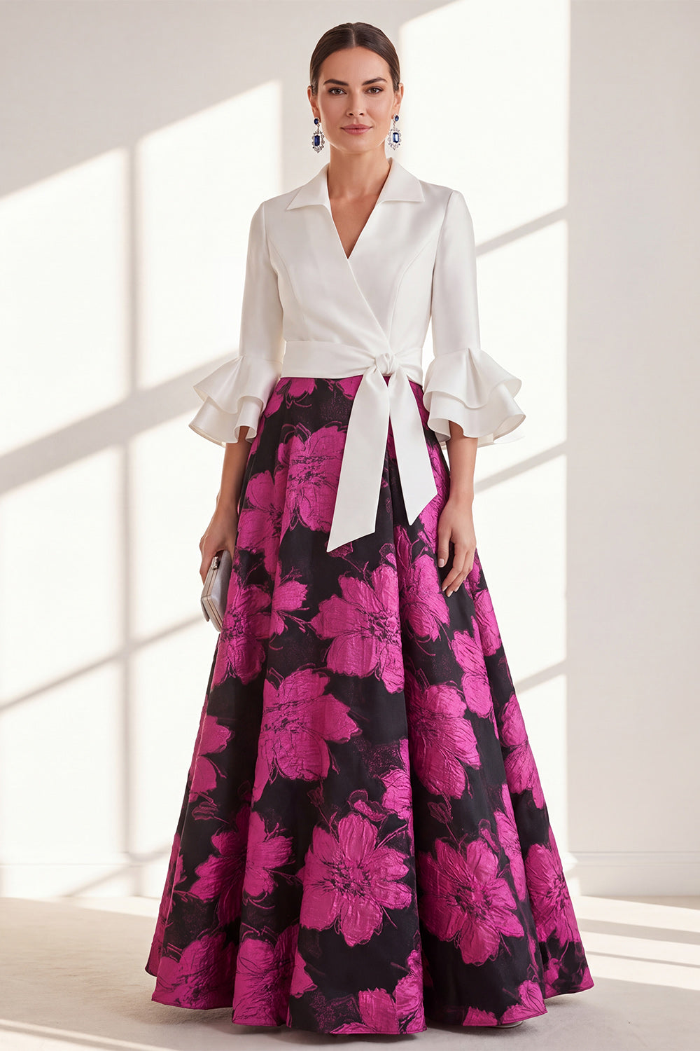 Pink Flower V-Neck Long A Line Mother of the Bride Dress with Ruffles
