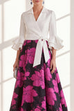 Pink Flower V-Neck Long A Line Mother of the Bride Dress with Ruffles