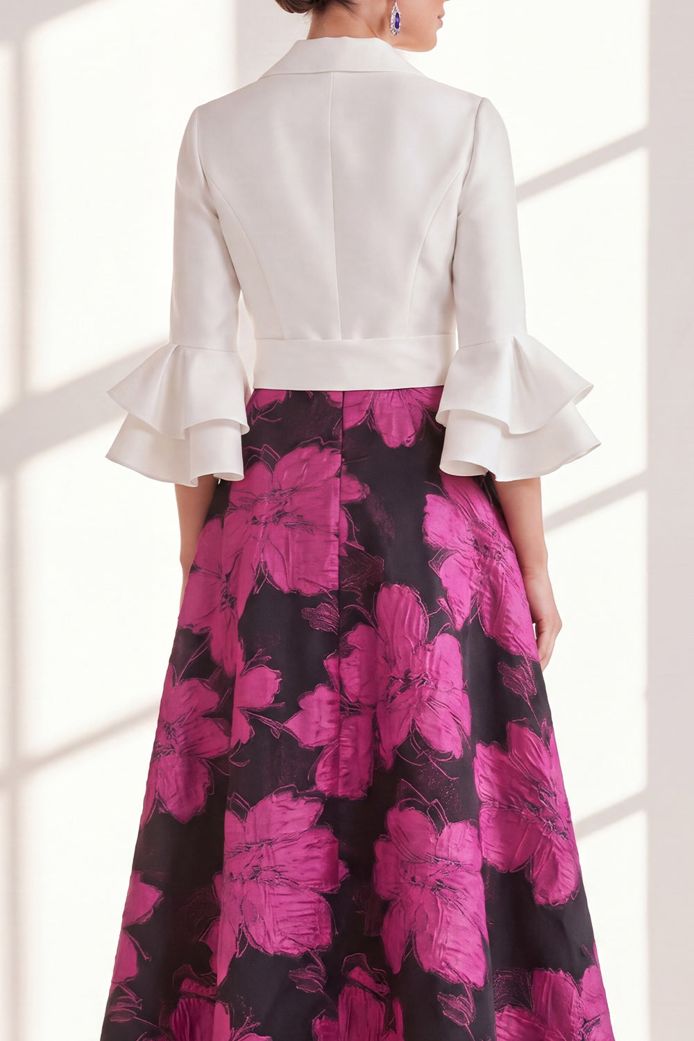 Pink Flower V-Neck Long A Line Mother of the Bride Dress with Ruffles
