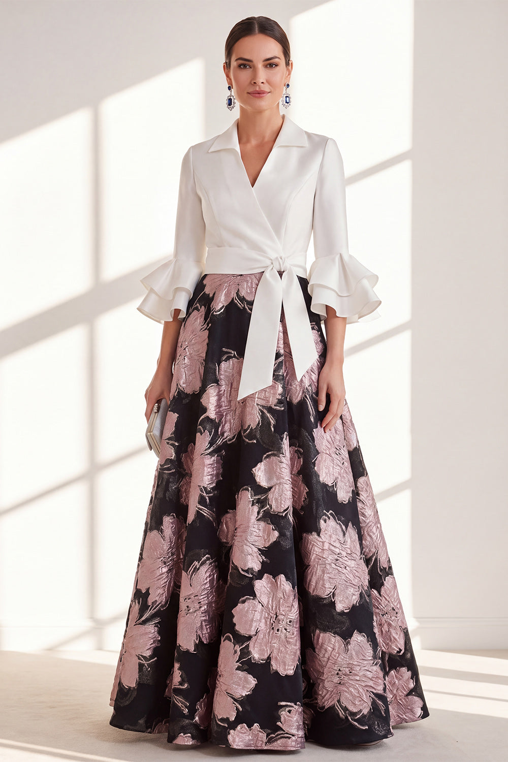 Pink Flower V-Neck Long A Line Mother of the Bride Dress with Ruffles