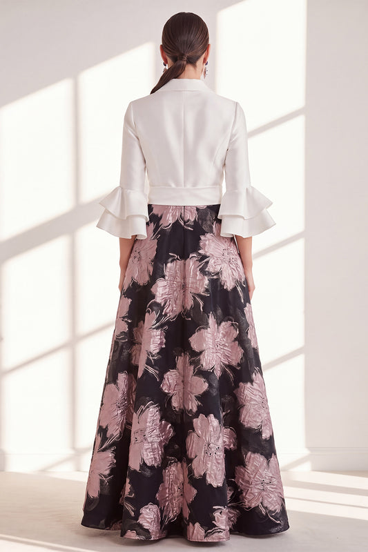 Pink Flower V-Neck Long A Line Mother of the Bride Dress with Ruffles