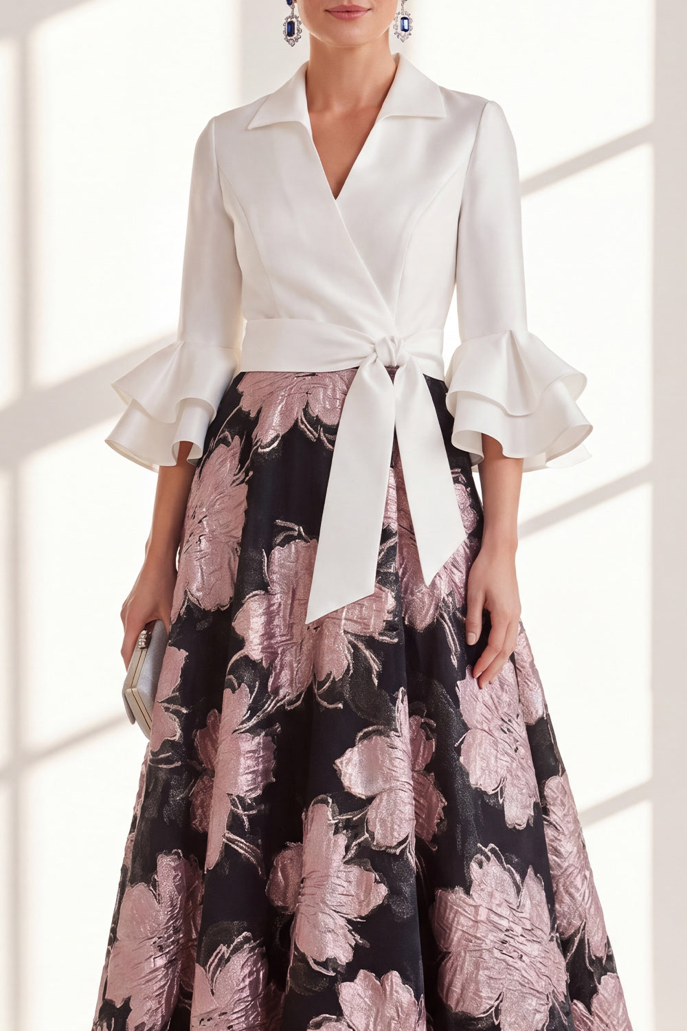 Pink Flower V-Neck Long A Line Mother of the Bride Dress with Ruffles