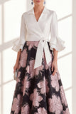 Pink Flower V-Neck Long A Line Mother of the Bride Dress with Ruffles