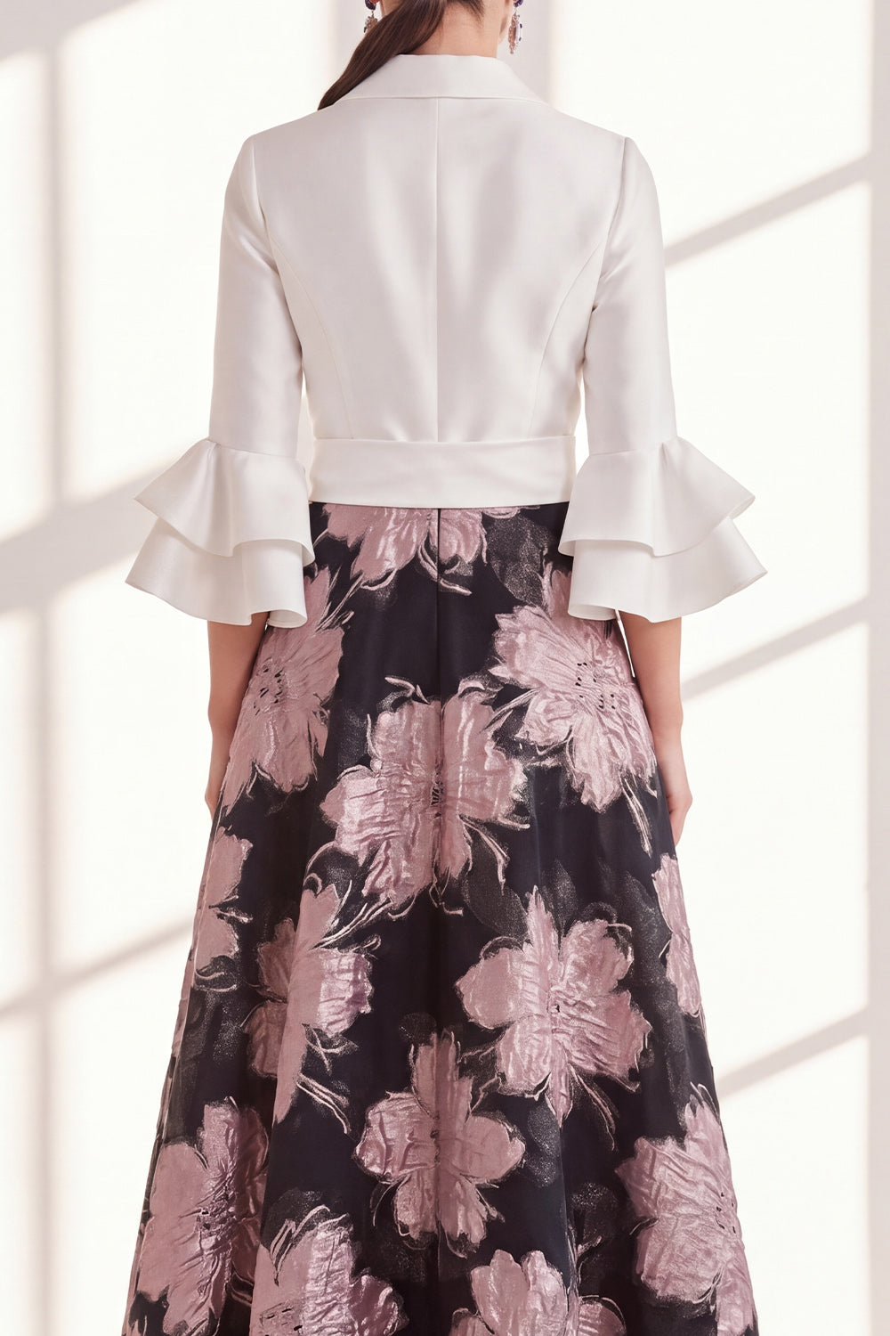 Pink Flower V-Neck Long A Line Mother of the Bride Dress with Ruffles