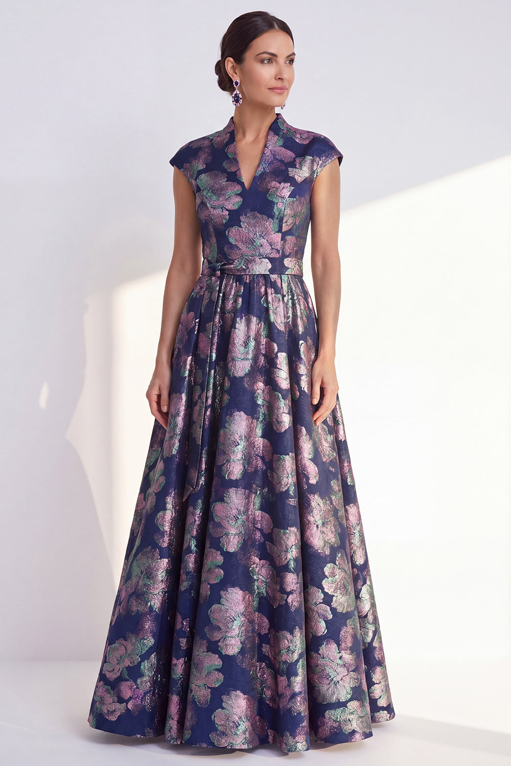 Floral Navy Long Cap Sleeves Jacquard A Line Mother of the Bride Dress