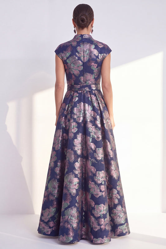 Floral Navy Long Cap Sleeves Jacquard A Line Mother of the Bride Dress