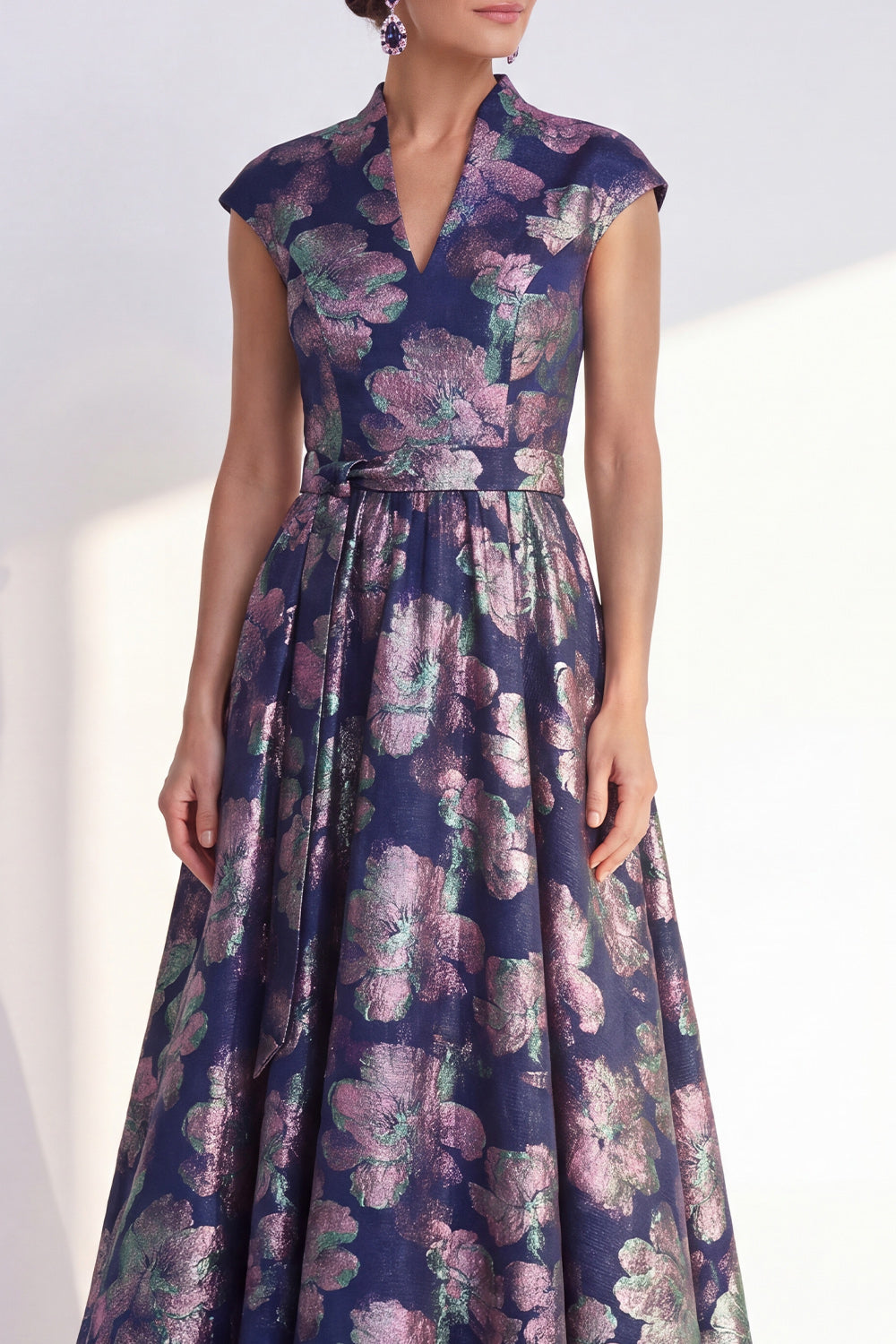 Floral Navy Long Cap Sleeves Jacquard A Line Mother of the Bride Dress