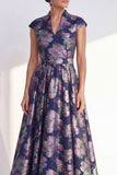 Floral Navy Long Cap Sleeves Jacquard A Line Mother of the Bride Dress