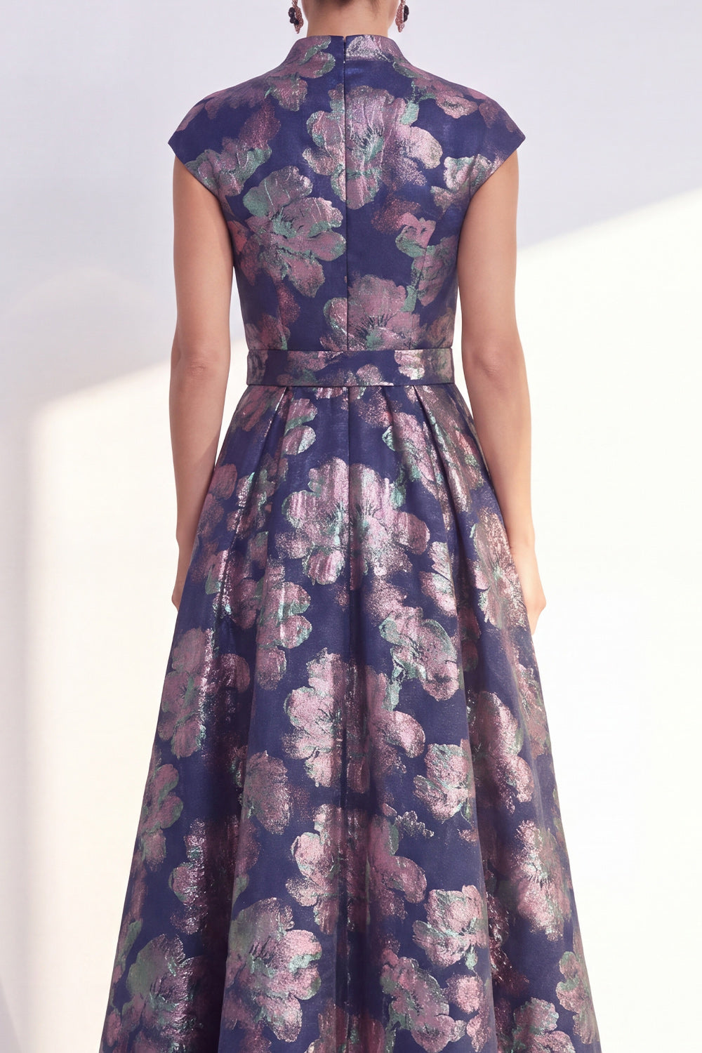 Floral Navy Long Cap Sleeves Jacquard A Line Mother of the Bride Dress