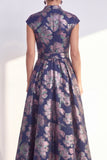 Floral Navy Long Cap Sleeves Jacquard A Line Mother of the Bride Dress