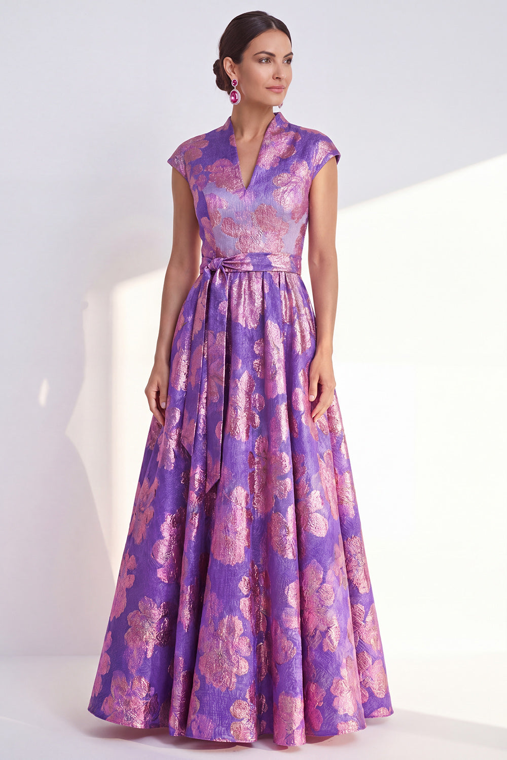 Floral Navy Long Cap Sleeves Jacquard A Line Mother of the Bride Dress